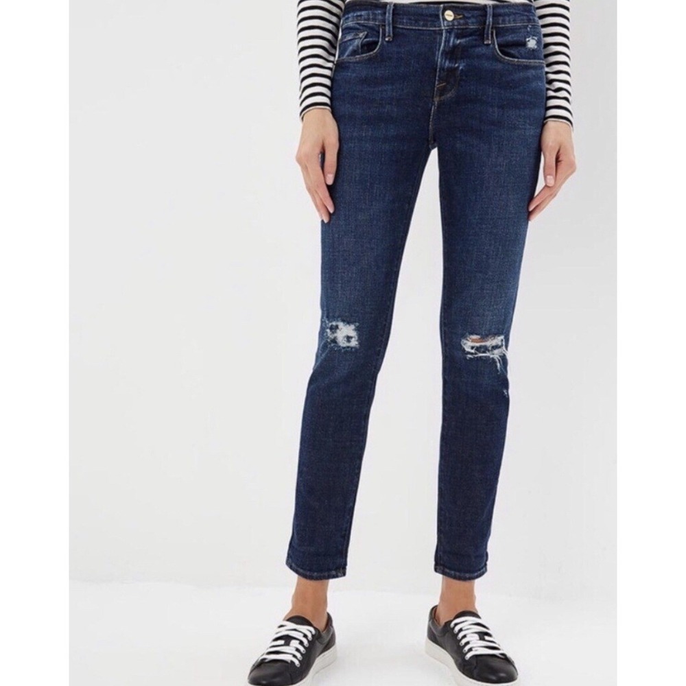 FRAME Denim Le Garcon Blue Distressed Jeans‎ Womens Size 26 Ripped Knees